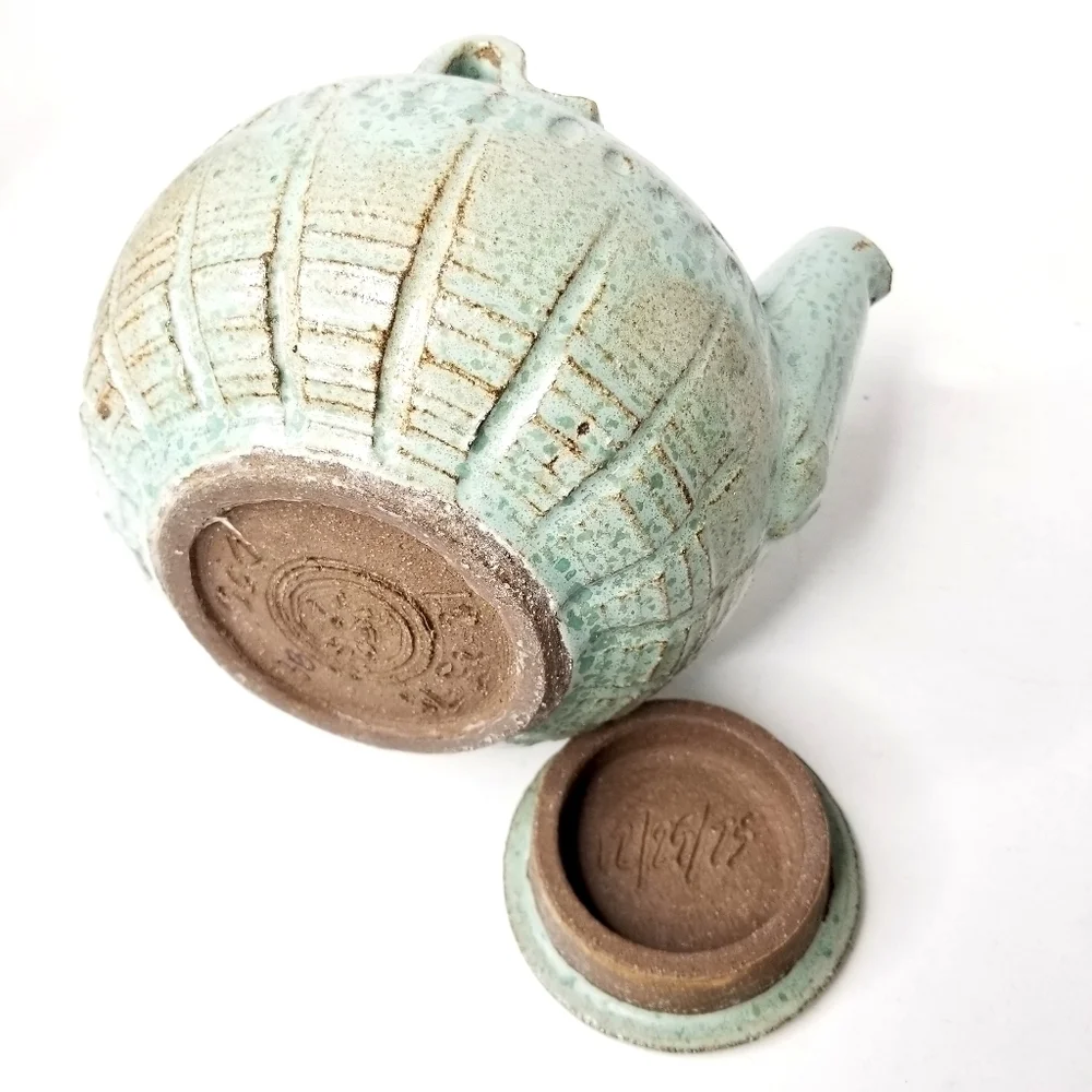 Rare Unique Vintage Art Pottery Green TeaPot , Artist Signed 12/25/75